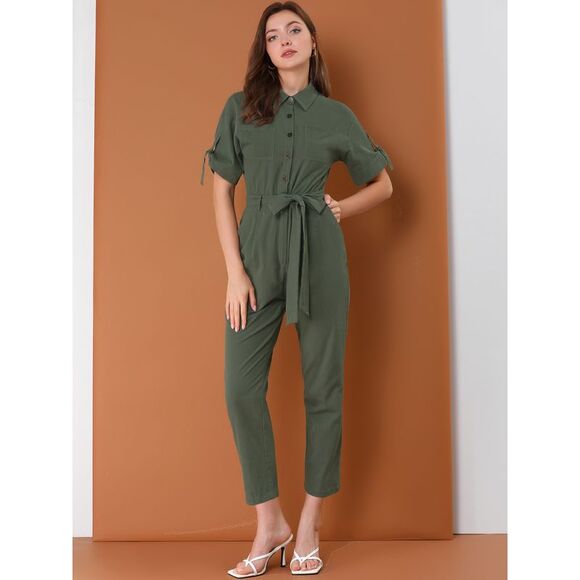 Short Sleeve Collared Cropped Button Down Tie Waist Cotton Cargo Jumpsuit Green - Picture 3 of 6